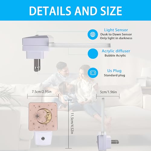 Image of Boho Chic Crescent Night Light,Moon and Stars Night Lights Plug into Wall Dusk to Dawn Sensor Led Lamp for Women Men,Led Lights for Stairway /Hallway /Bedroom,0.5W