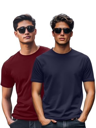 Image of Veirdo Regular Fit Half Sleeves Round Neck Solid Pure Cotton T-Shirt Combo for Men (Pack of 2, Available in S,M,L,XL & 2XL)