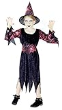 langes Halloween Hexenkostüm für Kinder mit rot schwarzem Hexenkleid und Hexenhut.