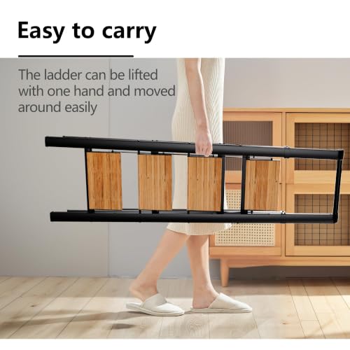 Image of SOLADDER 4 Step Ladder, Lightweight Folding Step Stool, Black+Woodgrain