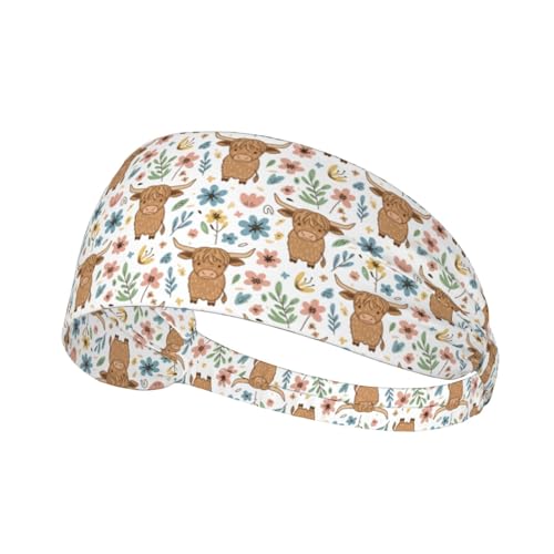 CJXPJZPLD Highland Cow and Floral Wide Headband for Women and Men Soft Moisture Wicking Sports Sweatband Non-Slip Hair Band for Yoga Running Cycling and Fitness Workouts