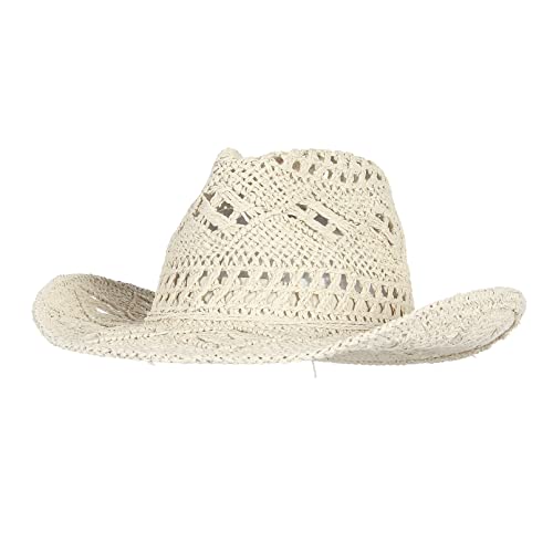 Image of Men & Women's Summer Cowboy Cowgirl Straw Hat Hollow Out Woven Roll Up Wide Brim Sun Hat with Chin Strap