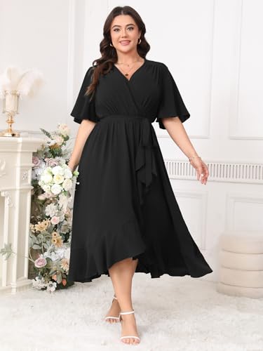 Plus Size Formal Wedding Guest Cocktail Dresses for Curvy Women Maxi Dress Wrap V Neck Short Sleeve3