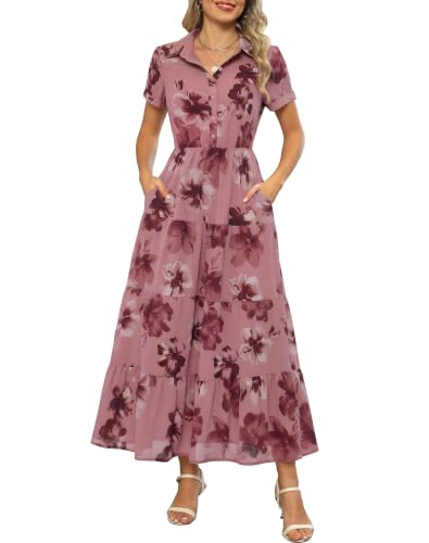 Image of Kranda Women 2026 Summer Collared V Neck Short Sleeve Button Down Chiffon Long Tiered Floral Maxi Dress with Pockets