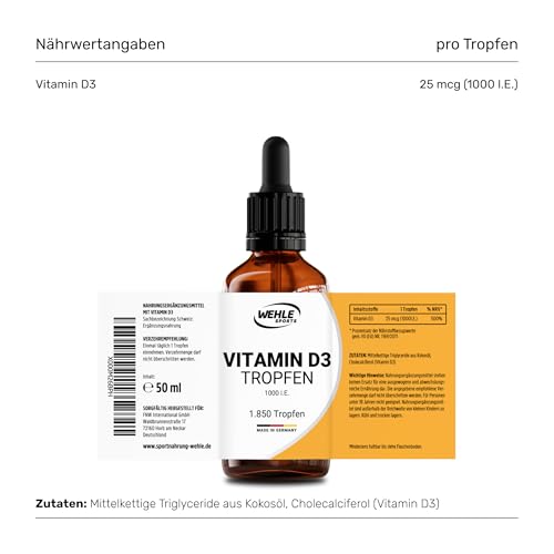 Vitamin D3 1000 IE pro Tropfen hochdosiert – Laborgeprüft – Flüssiges Vitamin D3 50ml (1850 Tropfen) mit MCT-Öl aus Kokos – Verpackung kann variieren