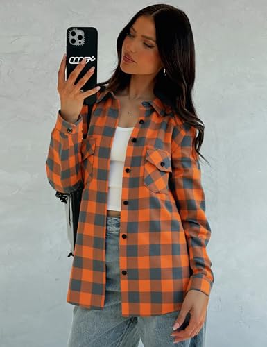 Genhoo Womens Flannel Shirts Roll Up Long Sleeve Plaid Shirt Collared Button Down Gingham Casual Top S-4XL3