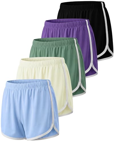 Image of Real Essentials 5 Pack: Girls' Dry-Fit Athletic Dolphin Shorts for Youth Kids Teens Running Gym Sports (Ages 4-16)
