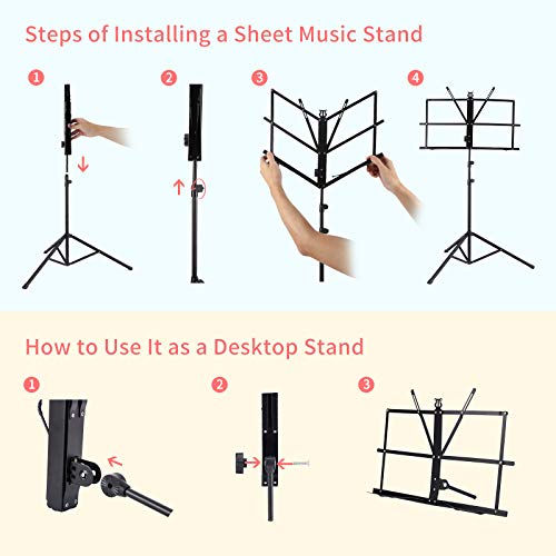 Music Stand, Kasonic 2 in 1 Dual-Use Folding Sheet Music Stand & Desktop Book Stand, Portable and Lightweight with Music Sheet Clip Holder & Carrying Bag Suitable for Instrumental Performance