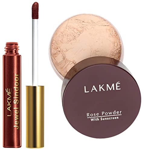 Image of LAKME Rose Natural Face Powder for Oily Skin Type, Soft Pink, 40G And Jewel Sindoor, Maroon, 4.5Ml