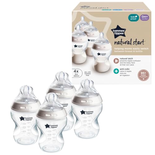 Image of Tommee Tippee Natural Start Anti-Colic 9 oz BPA Free Baby Bottles, 0+ Months, Slow Flow Breast-Like Nipple, Self Sterilizing, Designed for Seamless Transition Between Bottle & Breast, Clear, Pack of 4 | Pack of 4, Slow Flow Breast-Like Nipple, Self-Sterilizing, Seamless Bottle-to-Breast Transition, Clear, BPA Free