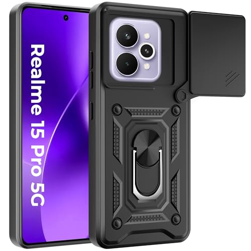 Image of A rtistque Armor Bumper Back Case Cover for Realme 15 Pro 5G | Stylish Ring Holder & Inbuilt Stand | Sliding Camera Cover | Shockproof TPU Protective Design | Realme 15 Pro 5g Back Cover - Black