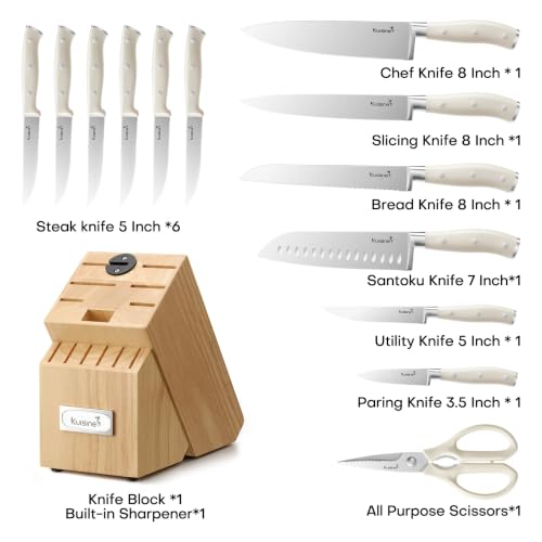 Image of KUISINE Upgraded Knife Set High Carbon Stainless Steel Ultra Sharp Blade Ergonomic Handle,Knife Block Set with Built-in Sharpener(Ivory Acacia,15PCS)