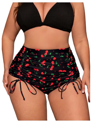Floerns Traje de baño para mujer, talla grande, estampado de cereza, cintura alta, con cordón, parte inferior de bikini, Negro Multi, L Más