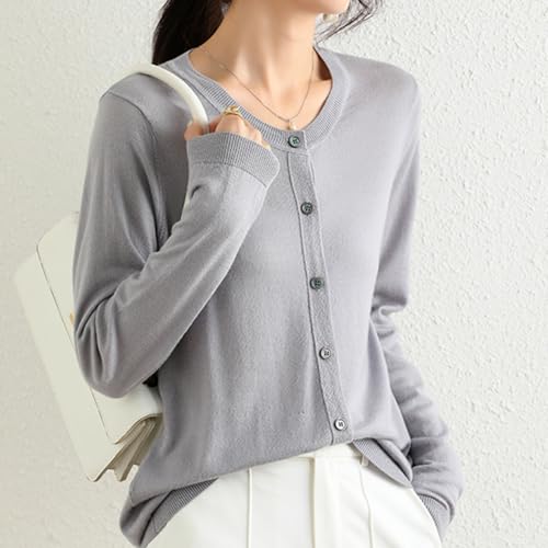 Image of Women's 100% Merino Wool Crew Neck Cardigan Sweater Top Long Sleeve Button Down 2025