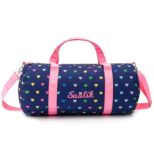 MT WORLD Girls Duffel Bag Personalized Toddler Weekender Bags with Name - Lightweight Cute Heart Dance Ballet Bag with Adjustable Shoulder Strap - Travel Duffle for Travel Sleepover (Navy Blue)