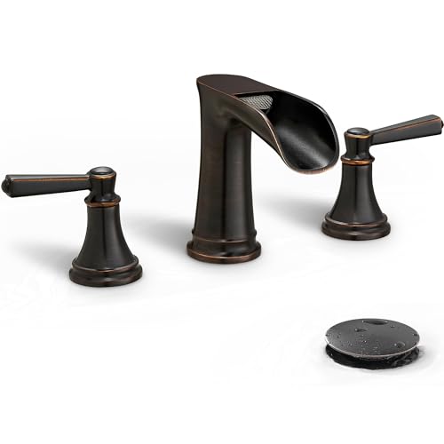 HEYMYTAP Brass 8 Inch Oil Rubbed Bronze Bathroom Faucet Waterfall Widespread Bathroom Faucets for Sink 3 Hole 2 Handle with Pop up Drain & Pre-Installed cUPC Water Hose for Vanity 10 Mins Install