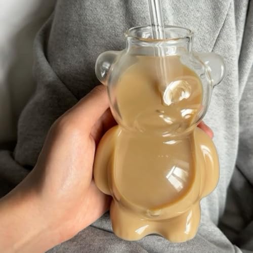 Image of The Empty Space Glass Mug - Unique Aesthetic Borosilicate Cup | Ideal for Iced Tea, Coffee, Gifting & Daily Use | Cute Glass Gift for Her, Housewarming, Mother's Day (Set of 1) (Teddy Mug With Straw)