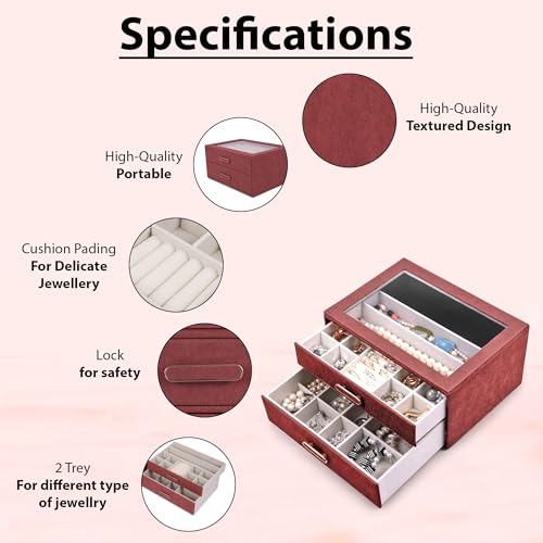 Image of BucketList Premium PU Leather Jewellery Organizer Box with Glass Lid | 2 Pull-Out Drawers Multi-Compartment Storage for Rings, Earrings, Necklaces & Bracelets (2-Layer Jewelry Box (Red))