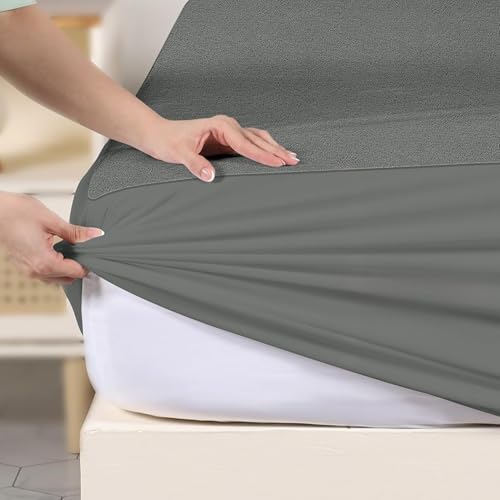 Image of 100% Waterproof Premium Cotton Feel Mattress Protector King Size | Ultra Soft Breathable & Hypoallergenic Fitted Bed Protector Terry Cover | Fits Upto 10 Inches (Grey, 72 x 72 (6x6 Feet)