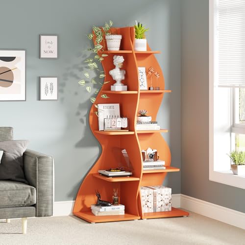 Image of Tribesigns Corner Shelf, Modern 5-Tier Wall Corner Bookshelf, Stylish Corner Small Bookcase Storage Rack Plant Stand with Unique Shape for Living Room, Home Office (Orange, 2PCS)
