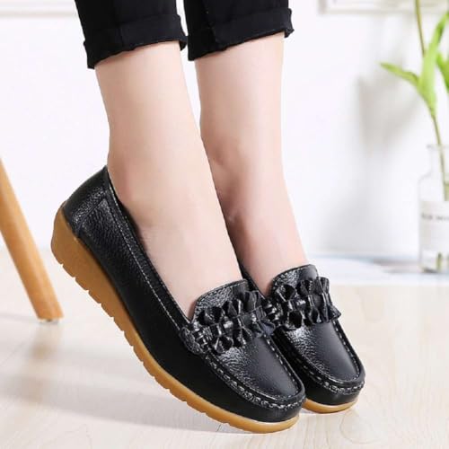 Image of Women's Genuine Leather Platform Loafers Classic Casual Comfort Slip-On Shoes Soft Sole Dress Shoes