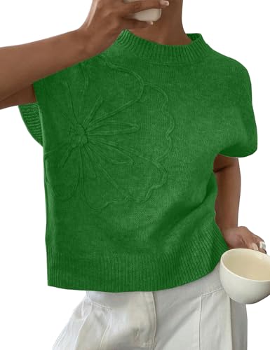 Image of 2026 Womens Floral Sweater Vest Cute Cap Sleeve Tops 3D Flower Decor Knit Tank Top Loose Spring Fall Summer Clothes
