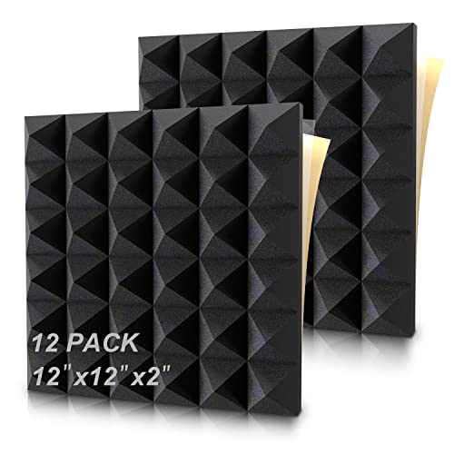 Sound Proof Foam Panels, 12 Pack 2"x12"x12" Acoustic Foam Panels with High Density, Self-adhesive sound proofing padding for wall, Sound Foam Panels for Recording Studio, Room and Office, Black