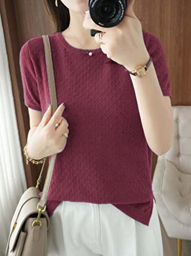 Image of Womens Short Sleeve Sweaters Tops Summer Thin Pullover Cotton Knit Shirt Crew Neck Lightweight Pointelle Blouse