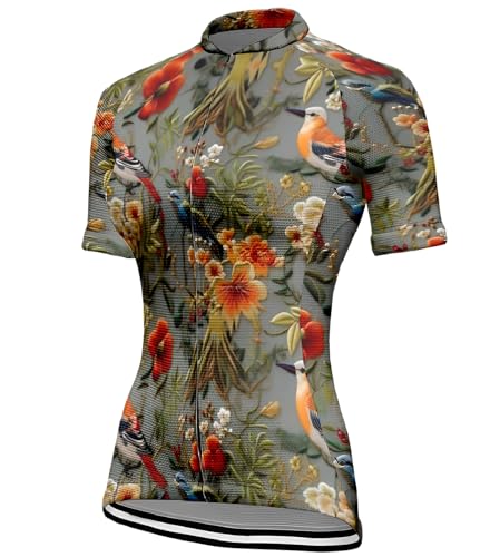 Mateju Transpirable Maillot Ciclismo para Mujer, Ropa Ciclismo Exterior con Cremallera y Bolsillos, Verano Elástico Camisetas Manga Corta Hombre, Camiseta Mujer Patrón Floral (Aves,4XL)