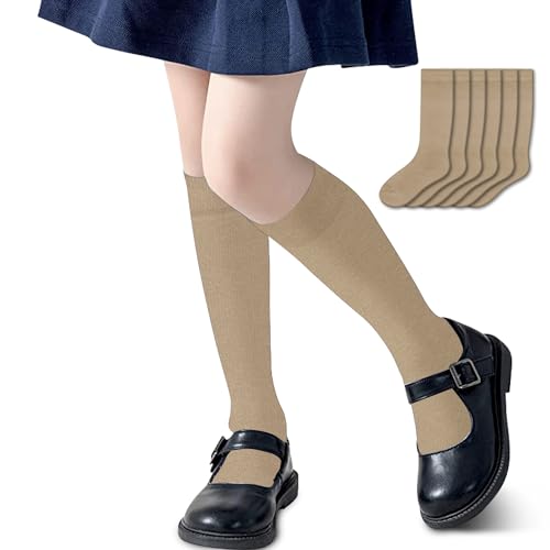PICCOLO HOSIERY Girls Knee High Socks – Cotton School Uniform, Flat Knit, 6 Pack (White, Black, Navy) Colors
