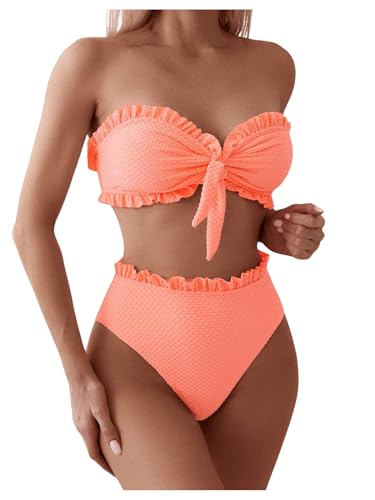 SOLY HUX Women's Ruffle Strapless Bikini Set 2 Piece Bandeau Swimsuit High Waist Bathing Suits