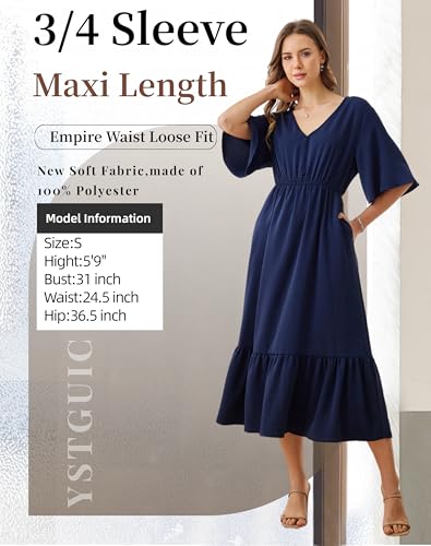 Image of Women's Summer Short Sleeve Maxi Floral Flowy Dresses with Pockets