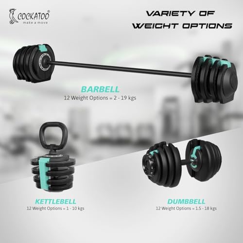 Image of Cockatoo Adjustable Dumbbell 3 in 1, Dumbbells Barbell Set With Connecting Rod, 2kg-19kg Barbell, 1.5kg-18kg Dumbbell, 1kg-10kg Kettlebell, Single Piece, Color - Blue