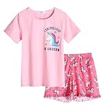 Arshiner Mädchen Schlafanzug Kurz Sommer Nachtwäsche Baumwolle Kinder Zweiteiliger Schlafanzüge Einhorn Katze Donut Kurzarm Pyjamas Set, Einhorn, 110