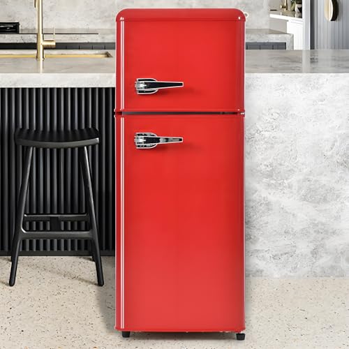 Frigorífico retro con compartimento congelador con volumen total de 92L, volumen de congelador de 28L, 3 estantes de vidrio, cajón para verduras, bandeja para huevos, 181 kWh/año, luz LED,Red