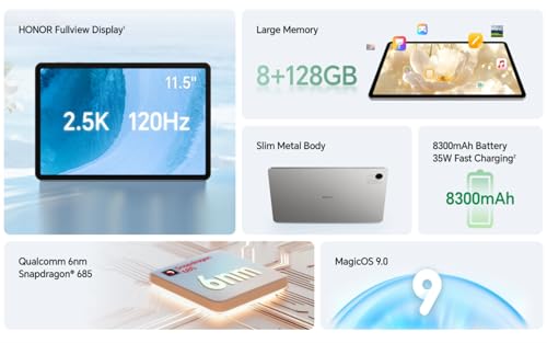 تابلت بادX9a واي فاي 11.5 بوصة120 هرتز 2.5K شاشة عرض كاملةوذاكرة6جيجا وتخزين128جيجا،معالج كوالكوم سناب دراجون 685 بتقنية 6 نانومتروبطارية8300ميلي امبير في الساعة اندرويد15من هونر،رمادي(بدون رأس شاحن)