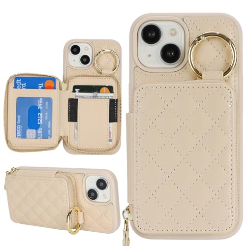 Image of Hamany for iPhone 15 Case Wallet with Card Holder,for iPhone 15 Phone case Wallet with Zipper with Slot Kickstand Stand Case for Women and Man 5G 6.1 Inch-White