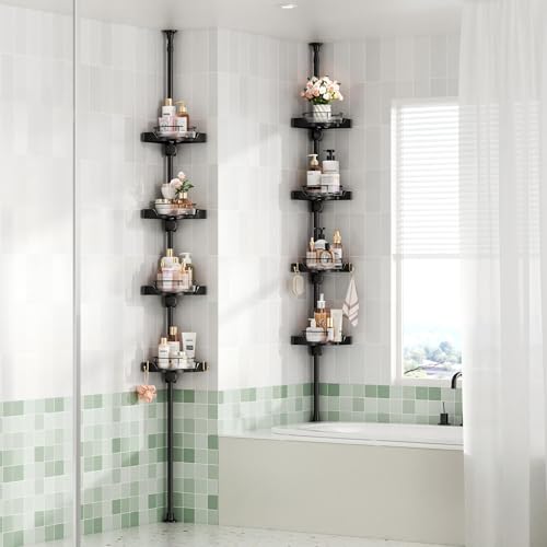 YCIA&DONE 360 Rotating Shower Caddy Tension Pole 4 Tiers Corner Shower Organizer for Bathroom Shelf Bathtub Adjustable Standing Shower Rack Easily Assemble 34-124 Inch Height Black
