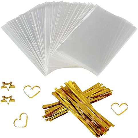 COOLAKE Clear Treat Bags 100 PCS Cellophane Bags Clear Candy Bags with 100 PCS Metallic Twist Ties For Kids Birthday Candy Popcorn Gift Cookie Small (4''by 6'')