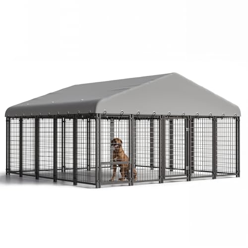 Large Dog Kennel Outside Heavy-Duty Outdoor Dog Cage with Roof and Double Lock - Spacious, Dog Crate for Pets with Feeding, 5X5