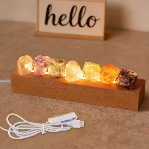 WRQIOO Lampada di sale, 7 colori, dimmerabile, lampada a cristalli di sale, dimmerabile, con USB e base in legno, per spa, yoga, meditazione, soggiorno, decorazione
