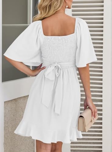 Image of Dokotoo Women's Wrap V Neck Short Flared Sleeve Wedding Guest Dress Smocked Elastic Waist Tiered Belted Ruffle Hem Mini Dress