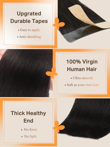 DOORES Tape in Hair Extensions Human Hair, Jet Black 20 Inch 50g 20pcs,Skin Weft Seamless Tape in Real Remy Straight Hair for Women — view 2