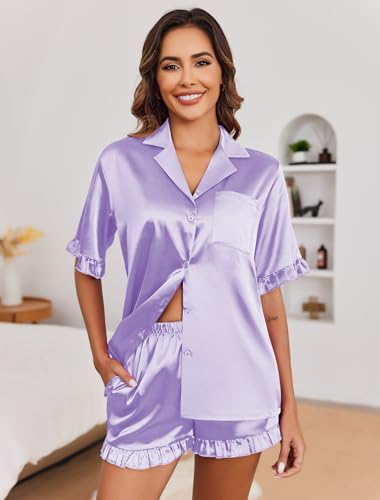 Image of Ekouaer Satin Pajama Set for Women 2 Piece Pj Sets Short Sleeve Sleepwear | Super Soft Silky Summer Loungewear Set with Ruffle Short Sleeve Top and Pocket Shorts, Casual Travel Daily Gift