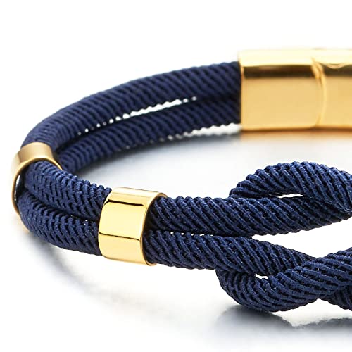 COOLSTEELANDBEYOND Mens Women Friendship Nautical Knot Dark Blue Cotton Straps Double-Lap Wristband Gold Color Bracelet3