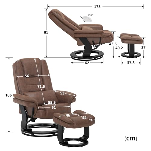 M MCombo Relaxsessel mit Liegefunktion, Lesesessel, 360° Drehbarer Fernsehsessel, mit Hocker, mit Kissen & Seitentasche, bis 120 Kg Belastbarer TV-Sessel für Wohnzimmer, 9099 (Mikrofaser, Braun) – Bild 4