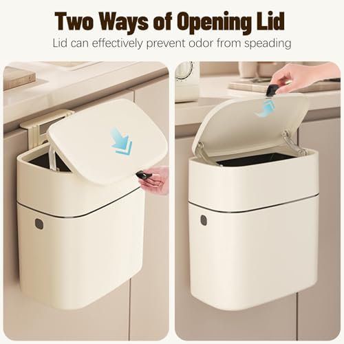 Image of 2 Pcs Hanging Trash Can with Lid, 2.4 & 0.5 Gallon Kitchen Compost Bin, Wall-Mounted Garbage Can, Small Trash Can Cabinet for Kitchen Cupboard Bathroom Bedroom Office Camping Rv