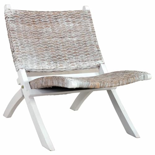 Roanoer Fauteuil de relaxation blanc, rotin naturel et bois massif d'acajou - Fauteuil moderne en rotin sans accoudoirs pour salon et chambre à coucher -...