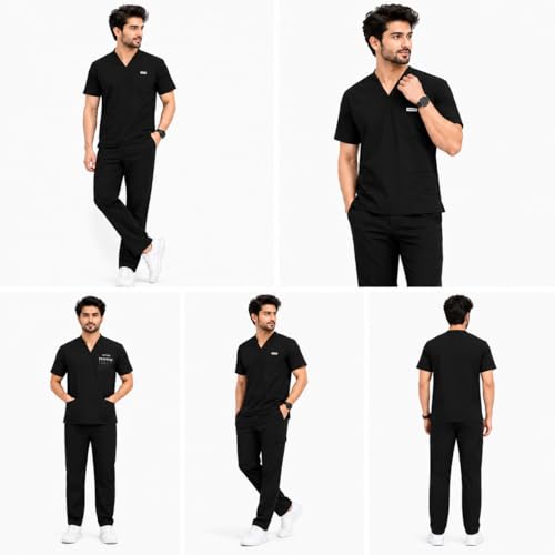 Image of Unisex Medical Scrub Suit Set, V-Neck Top with Pants, Short Sleeve, Polyester Cotton Blend, 7 Pockets, Regular Fit, Hospital Doctor Nurse Uniform
