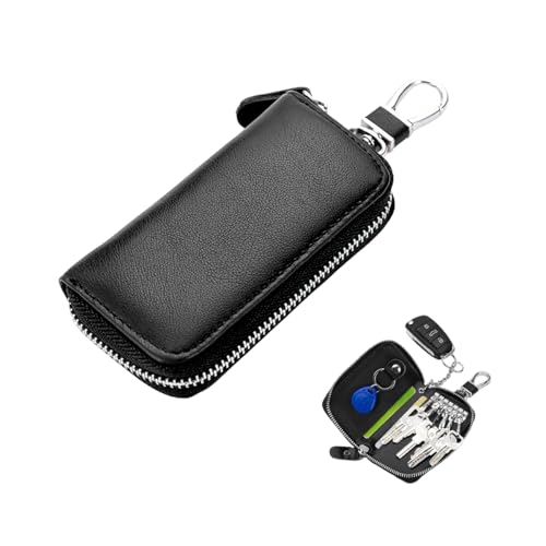 NYTKL Leather Car Key Holder Bag Unisex Key Fob Case with 6 Hooks Zipper Closure Keychian Case Wallet for Smart Keys (Black)